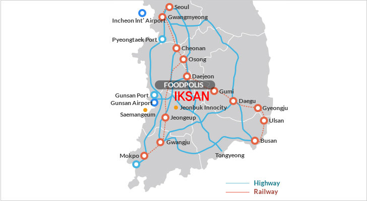 FOODPOLIS Highway Railway : Seoul, Gwanmyeong,  Cheonan, Osong, Daejeon, Gumi, Daegu, Gyeongju, Ulsan, Busan, Jeongeup, Gwangju, Mokpo