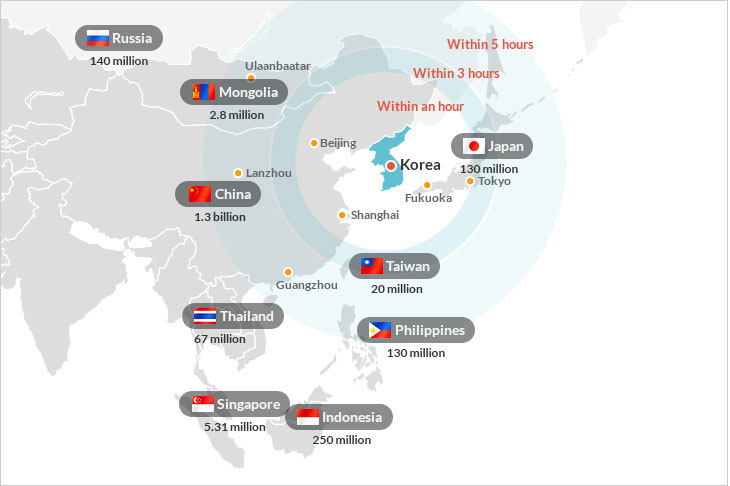 Korea neighboring countries Within 5hours, 3hours, an hour